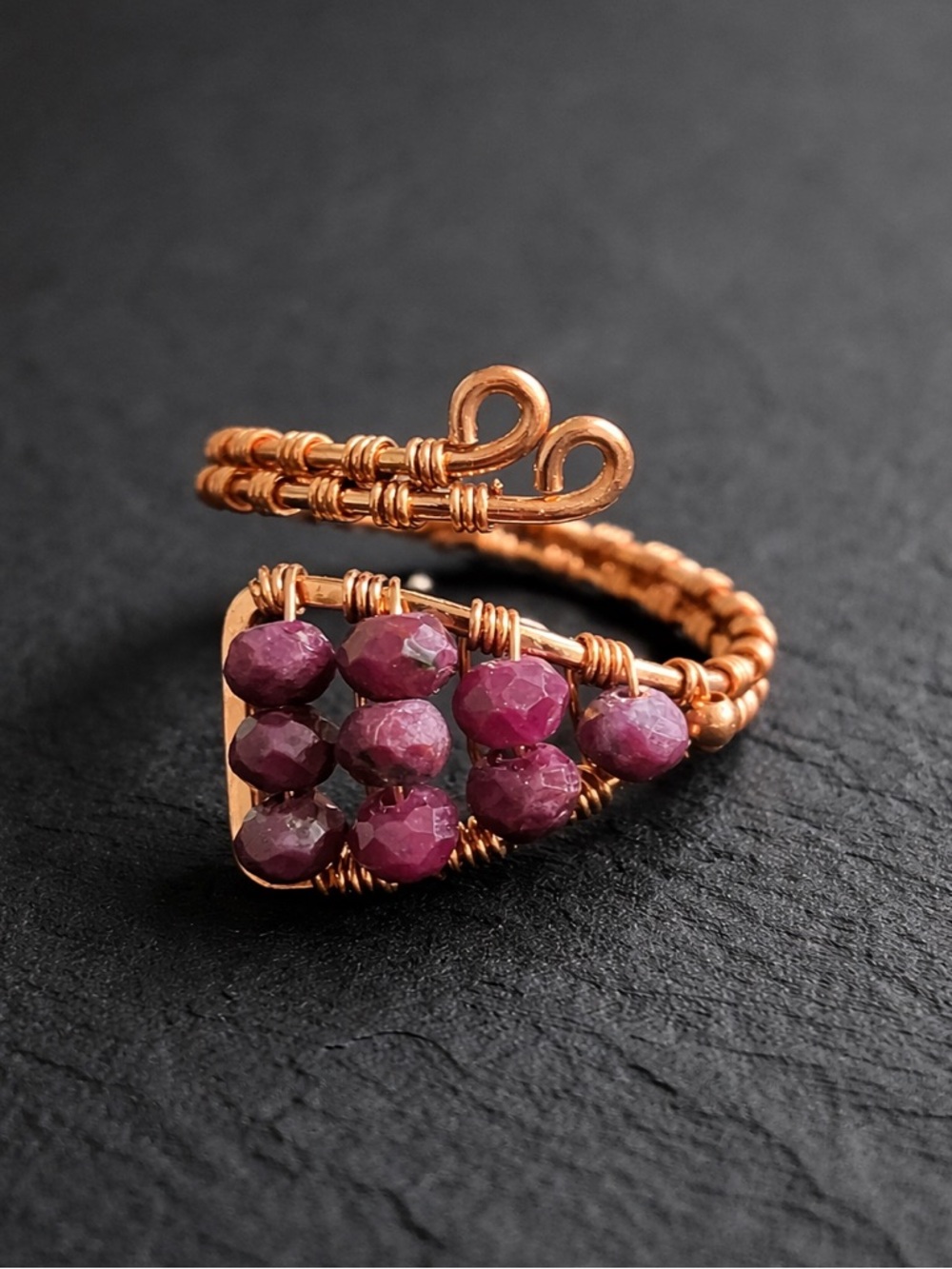 Hand Coiled Wire Wrapped Adjustable Ruby Ring - Artisan Crafted